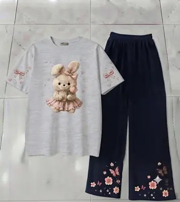 2 Pcs Women's Stitched Cotton Jersey Printed Night Suit thumbnail 3