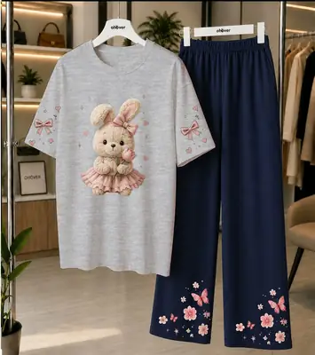 2 Pcs Women's Stitched Cotton Jersey Printed Night Suit thumbnail 4