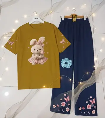 2 Pcs Women's Stitched Cotton Jersey Printed Night Suit thumbnail 3