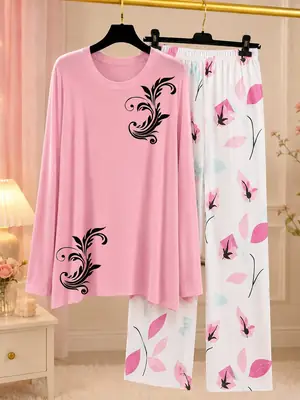 2 Pcs Women's Stitched Jersey Printed Night Suit