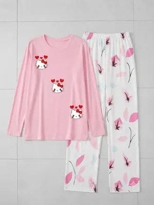 2 Pcs Women's Stitched Jersey Printed Night Suit thumbnail 2