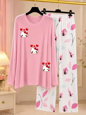 2 Pcs Women's Stitched Jersey Printed Night Suit thumbnail 3