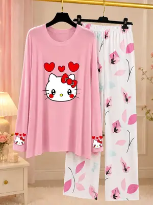 2 Pcs Women's Stitched Jersey Printed Night Suit
