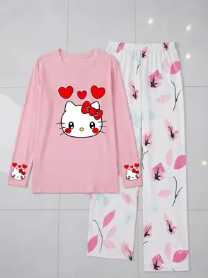 2 Pcs Women's Stitched Jersey Printed Night Suit thumbnail 2