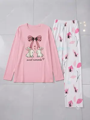 2 Pcs Women's Stitched Jersey Printed Night Suit thumbnail 2