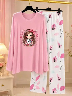 2 Pcs Women's Stitched Jersey Printed Night Suit