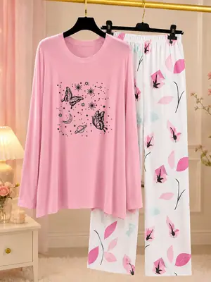 2 Pcs Women's Stitched Jersey Printed Night Suit