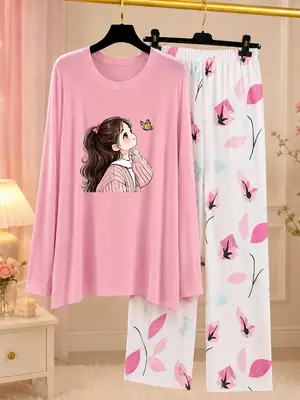 2 Pcs Women's Stitched Jersey Printed Night Suit