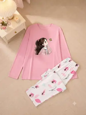2 Pcs Women's Stitched Jersey Printed Night Suit thumbnail 2