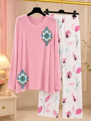 2 Pcs Women's Stitched Jersey Printed Night Suit