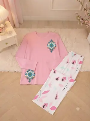 2 Pcs Women's Stitched Jersey Printed Night Suit thumbnail 2