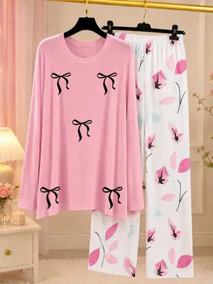 2 Pcs Women's Stitched Jersey Printed Night Suit thumbnail 4