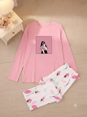 2 Pcs Women's Stitched Jersey Printed Night Suit thumbnail 2