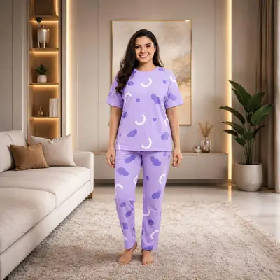 2 Pcs Women's Stitched Jersey Printed Night Suit thumbnail 4