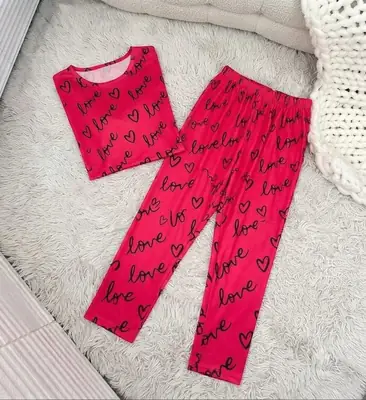 2 Pcs Women's Stitched Jersey Printed Night Suit thumbnail 3