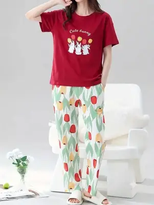 2 Pcs Women's Stitched Jersey Printed Night Suit thumbnail 4