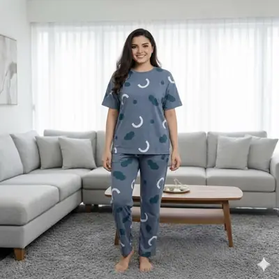 2 Pcs Women's Stitched Jersey Printed Night Suit