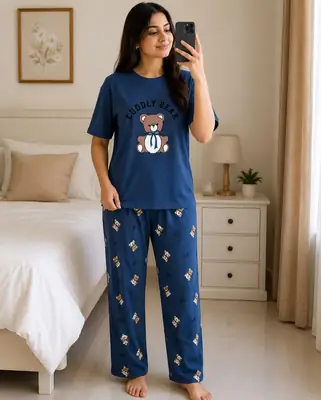 2 Pcs Women's Stitched Jersey Printed Night Suit