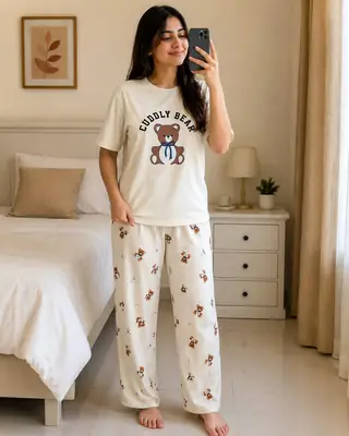 2 Pcs Women's Stitched Jersey Printed Night Suit