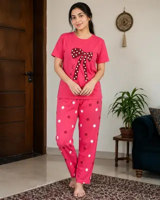 2 Pcs Women's Stitched Cotton Jersey Printed Night Suit thumbnail 3