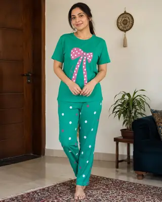 2 Pcs Women's Stitched Cotton Jersey Printed Night Suit thumbnail 3