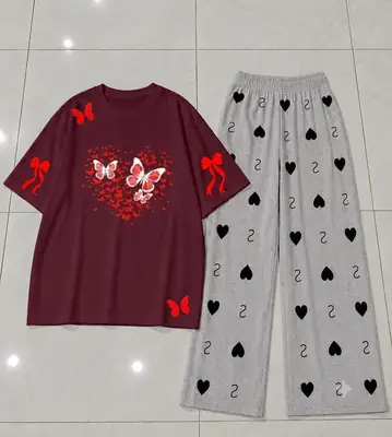 2 Pcs Women's Stitched Jersey Printed Night Suit thumbnail 3