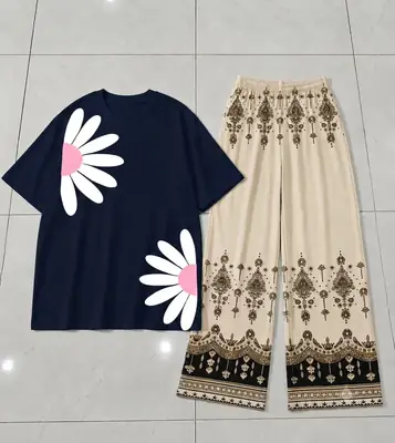 2 Pcs Women's Stitched Cotton Jersey Printed Night Suit thumbnail 2