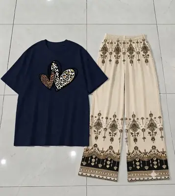 2 Pcs Women's Stitched Cotton Jersey Printed Night Suit thumbnail 2