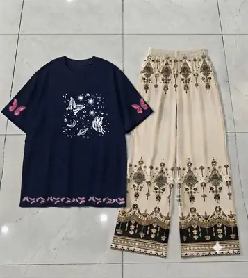 2 Pcs Women's Stitched Cotton Jersey Printed Night Suit thumbnail 2