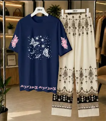 2 Pcs Women's Stitched Cotton Jersey Printed Night Suit thumbnail 3