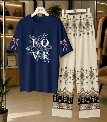 2 Pcs Women's Stitched Cotton Jersey Printed Night Suit thumbnail 3