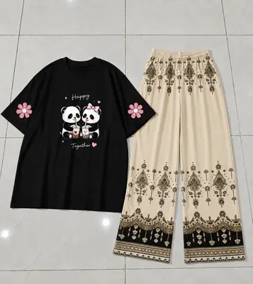 2 Pcs Women's Stitched Cotton Jersey Printed Night Suit thumbnail 2