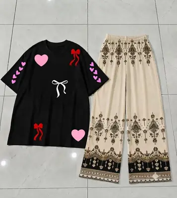 2 Pcs Women's Stitched Cotton Jersey Printed Night Suit thumbnail 2