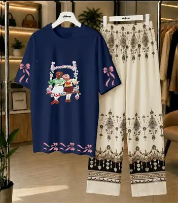 2 Pcs Women's Stitched Cotton Jersey Printed Night Suit thumbnail 3