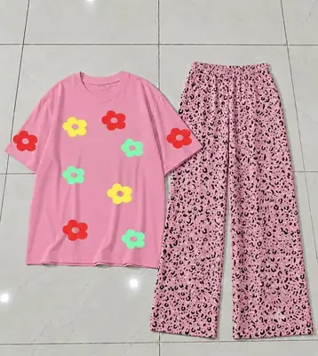 2 Pcs Women's Stitched Cotton Jersey Printed Night Suit thumbnail 3