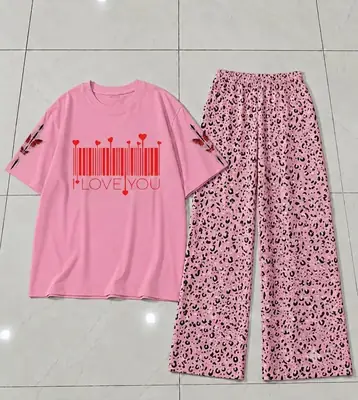 2 Pcs Women's Stitched Cotton Jersey Printed Night Suit thumbnail 3