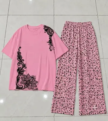 2 Pcs Women's Stitched Cotton Jersey Printed Night Suit thumbnail 3