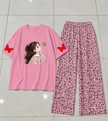 2 Pcs Women's Stitched Cotton Jersey Printed Night Suit thumbnail 3