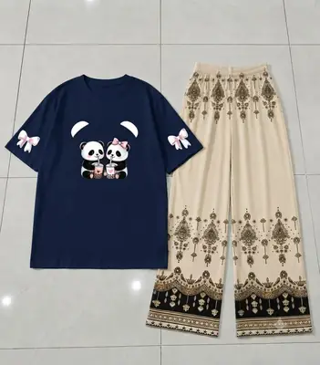 2 Pcs Women's Stitched Cotton Jersey Printed Night Suit thumbnail 2