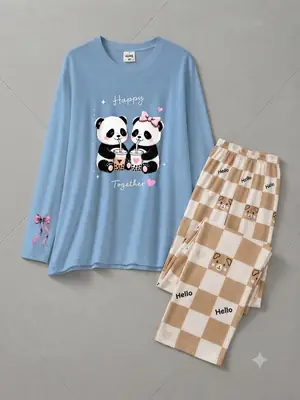 2 Pcs Women's Stitched Jersey Printed Night Suit thumbnail 2