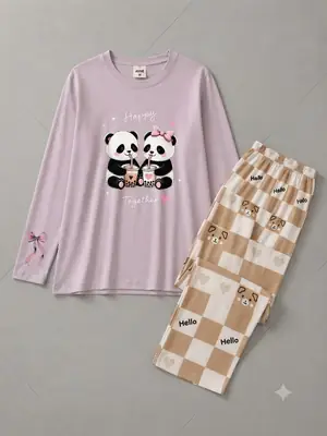 2 Pcs Women's Stitched Jersey Printed Night Suit thumbnail 2