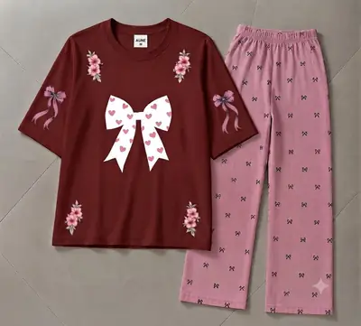 2 Pcs Women's Stitched Cotton Jersey Printed Night Suit thumbnail 3