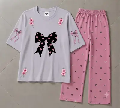 2 Pcs Women's Stitched Cotton Jersey Printed Night Suit thumbnail 3