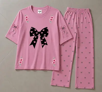 2 Pcs Women's Stitched Cotton Jersey Printed Night Suit thumbnail 3