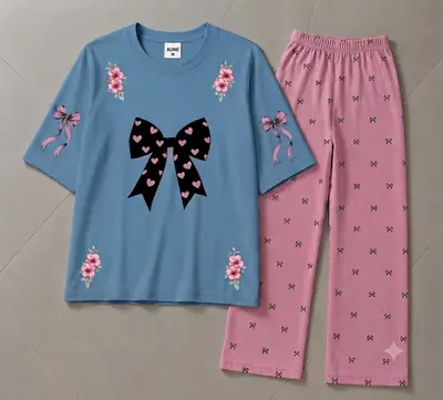 2 Pcs Women's Stitched Cotton Jersey Printed Night Suit thumbnail 3
