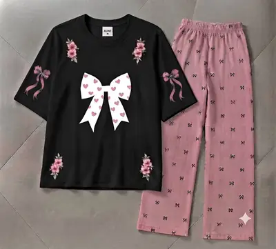 2 Pcs Women's Stitched Cotton Jersey Printed Night Suit thumbnail 3