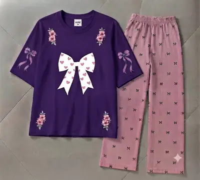 2 Pcs Women's Stitched Cotton Jersey Printed Night Suit thumbnail 3