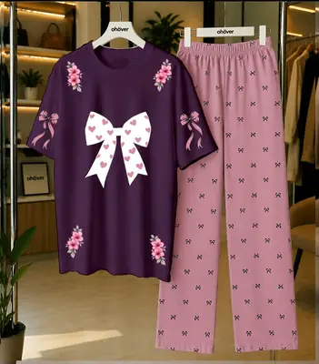 2 Pcs Women's Stitched Cotton Jersey Printed Night Suit thumbnail 4