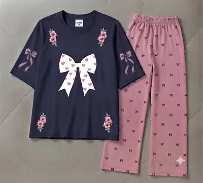 2 Pcs Women's Stitched Cotton Jersey Printed Night Suit thumbnail 3