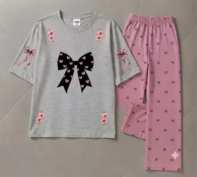 2 Pcs Women's Stitched Cotton Jersey Printed Night Suit thumbnail 3